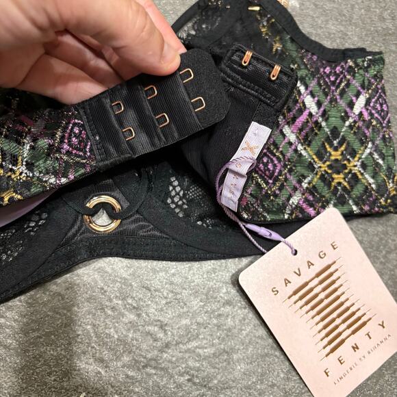 Savage X Fenty A Little Tart Unlined Bra Black Lace Plaid 32C Plunge Feminine - Picture 8 of 11